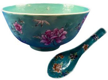 Vintage Chinese Porcelain Rice Bowl And Spoon - Signed 'Made In Hong Kong'