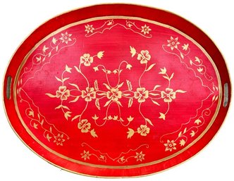 Large Red Tole Metal Tray With Handles