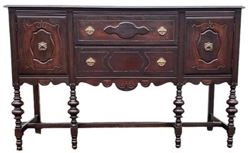 Vintage Jacobean Style Sideboard With Turned Legs & Trestle Base - Lovely Brass Pulls