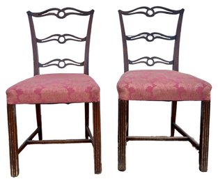 Vintage Chippendale Open Ladder Back Side Chairs - Cross Stretcher Base & Damask Seat Covers