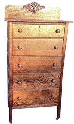 Vintage Oak Footed Chest Of Drawers On Casters With Detailed Backplate - Original Tag On Reverse