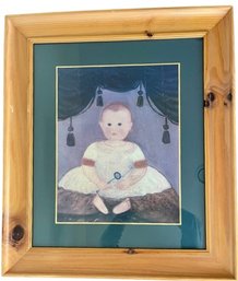 Primitive Folk Art Print - Carriage Baby Print - Knotty Pine Frame - Signed Collection I