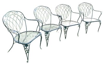 Outstanding Russell Woodard Wrought Iron Arm Chairs - Dogwood Pattern & Original Patina Finish - Set Of Four