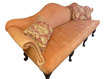 Beautiful Camelback Suede Sofa With Brass Nails, Carved Shell Leg Details, & Claw Feet