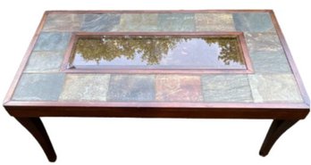 Distinctive Wood, Slate, Stone, And Glass Coffee Table