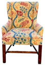 Vintage Chippendale Wing Chair - Mahogany Base - Cross Stretchers - Nice Small Scale Size - Original Finish