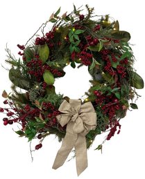 'Grandin Road' Cordless Winter Garden  Wreath With Working Lights, Holly Berries, Mixed Greens, & Accent Bow