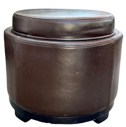 Small Round Leather Storage Ottoman - Top Also Serves As Tray