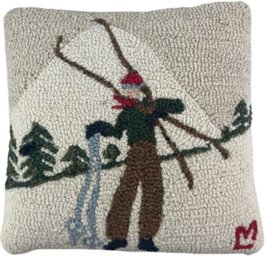 Chandler 4 Corners Hooked Pillow, Skier On The Mountain - Design By Laura Megroz - Zipper Enclosure