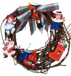 Grapevine Wreath - Wooden Ornaments, Plaid Ribbon, Raggedy Ann & Andy, Santa, Train, Stocking, & Soldier
