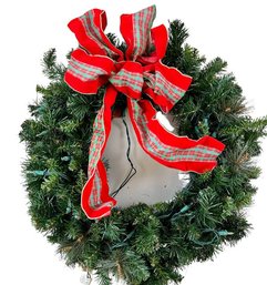 Wreath  - 24 Inches In Diameter  - Lights Up! - Plaid & Velveteen Wired Ribbon Bow