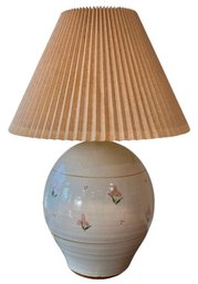 Large Hand Made Glazed Pottery Lamp With Pink Flowers - Roughly 28 Inches Tall - Works - Excellent Condition