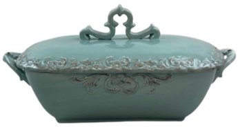 Lidded Tureen With Handles - Turquoise Glazed Pottery With Detailed Motif Along Edges