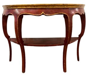 Demilune Table With Scalloped Apron, Cabriole Legs, Lower Floating Shelf, Hand Painted Gold Accents