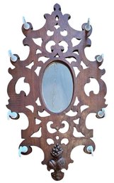 Vintage Wall Rack - Central Mirror, Carved Pomegranate, Grape, Peach, Leaf, & Eight Branch-like Ceramic Hooks