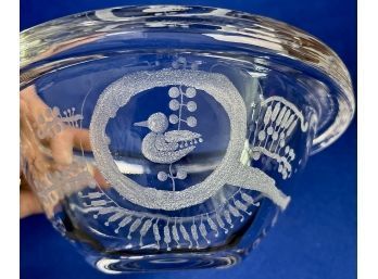 Vintage Kosta Boda Art Glass Bowl With Acid Etching Bird Detail - Signed On Base