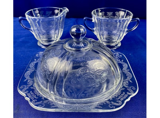 Vintage American Glass Creamer, Sugar, & Covered Serving Piece - Likely Covered Butter Dish