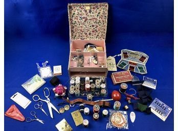 Vintage Sewing Box Filled With Interesting Notions, Scissors, Pin Cushions, & Tons Of Vintage Items