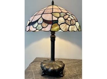 Lamp With Stained Glass Shade On Brass Base - Art Nouveau Inspired