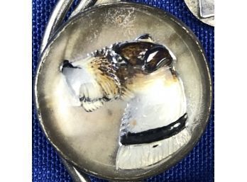 Vintage Reverse Painted Intaglio Glass Terrier Dog Charm On Silver Tone Clip