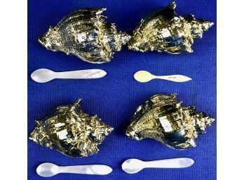 Gold Sea Shell Salt Cellars With Three Mother Of Pearl Caviar Spoons & One Antique Bone Spoon Signed 'France'