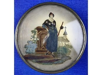 Antique Box - Hand Painted Reverse Glass Image Of A Woman - Metal Edges - Paper Base