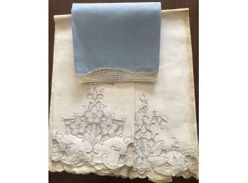 Vintage Linen Hand Towels With - Two With Intricate Open Cut Work Detail & One Blue With Hand Woven Lace Borde