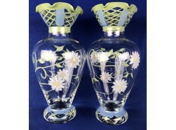 Matching Set Of Hand Painted Glass Vases With Delicate Daisy Design