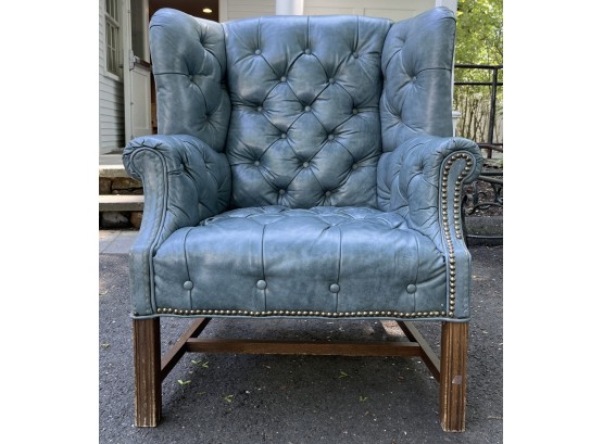 Vintage Blue Leather Tufted Wing Chair With Bracket Feet - Great Quality