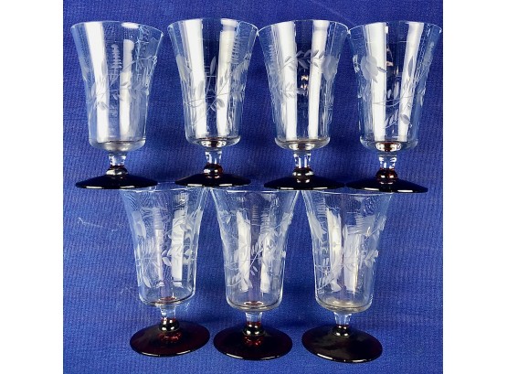 Vintage Etched Crystal Mixed Drink Glasses With Ruby Glass Bases - Coordinating Pieces In This Sale