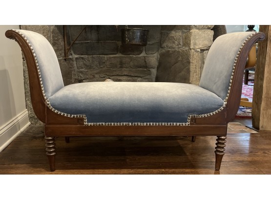 Antique Scroll Arm Upholstered Bench With Turned Spindle Legs & Brass Tacks