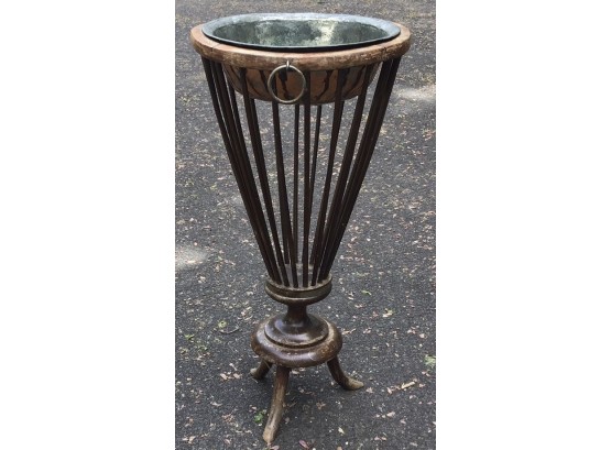 English Regency Style Jardiniere Planter With Slatted Spindles, Patinated Copper Insert & Brass Ring Handles