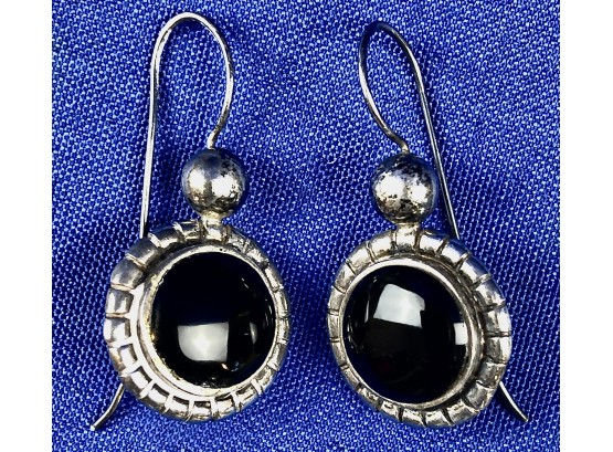 Vintage Sterling Silver Earrings With Black Center Hard Stone - Signed '925'