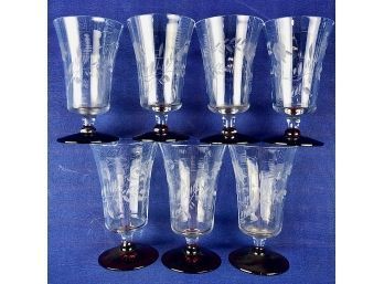 Vintage Etched Crystal Mixed Drink Glasses With Ruby Glass Bases - Coordinating Pieces In This Sale