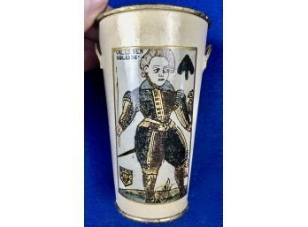 Toleware Pencil Holder With Handles - King Of Spades Decoupage - Signed 'WR' For Workroom Partners, NY, NY