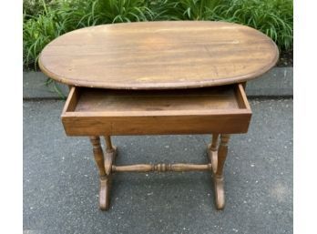 Vintage Oval Pine Side Table With Trestle Base & Single Draw