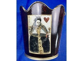 Toleware Cachepot With Three Decoupage Royal Playing Cards - Signed  'Workroom Partners, Inc, NY, NY'
