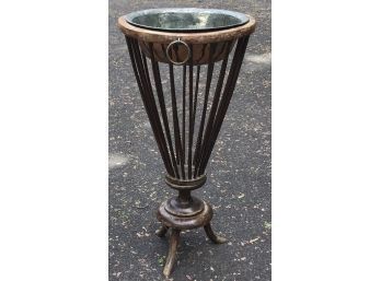 English Regency Style Jardiniere Planter With Slatted Spindles, Patinated Copper Insert & Brass Ring Handles