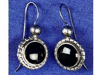 Vintage Sterling Silver Earrings With Black Center Hard Stone - Signed '925'