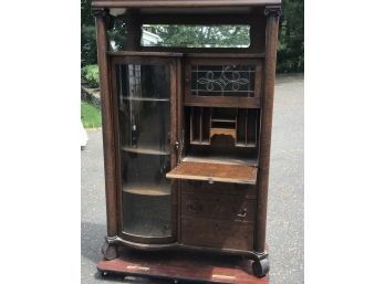Antique 'Side By Side' Desk, Glass Curio Cabinet, Leaded Glass Cabinet, Mirror, & Three Drawers - Scroll Feet