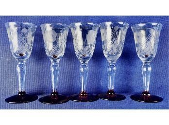 Vintage Etched Glass Crystal Cordials With Ruby Glass Bases - Coordinating Pieces In This Sale
