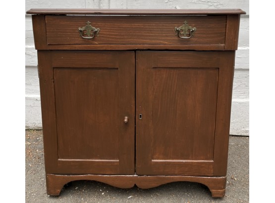 Antique Pine Cupboard With Single Draw & Two Lower Doors - Brass Pulls - Ogee Bracket Feet & Scalloped Apron