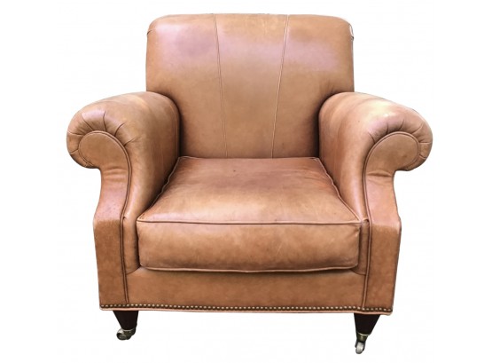Quality Leather Club Chair With Wooden Legs - Brass Casters - Brass Tack Detailing