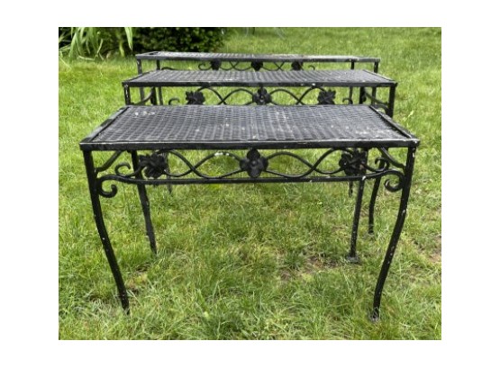 Vintage Russell Woodard Wrought Iron Nesting Tables - Dogwood Ivy Pattern - Scroll Work - Mesh Surface