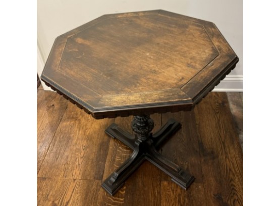 Mid Century Jacobean Style Carved Octagonal Side Table With Criss Cross Trestle Base