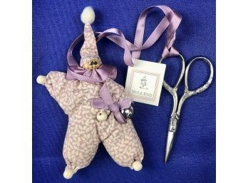 Fabric Figure With Attached Needlework Scissors - Signed 'Made In Germany' & 'Mole End' Hang Tag