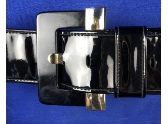 Vintage Black Patent Leather Belt - Wide Curved Design