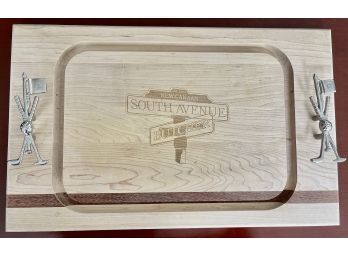 Serving Tray With Golf Motif Handles & New Canaan, CT South Ave Incised Decor - Maple With Walnut Inlay