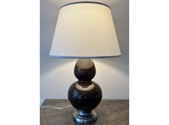 Chocolate Brown Ceramic & Chrome Gourd Lamp With White Linen Shade