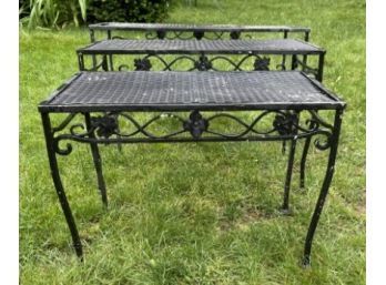 Vintage Russell Woodard Wrought Iron Nesting Tables - Dogwood Ivy Pattern - Scroll Work - Mesh Surface